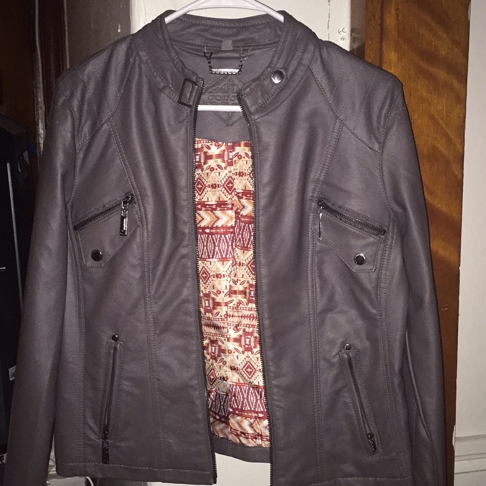 Gray Fake Leather Zip Jacket